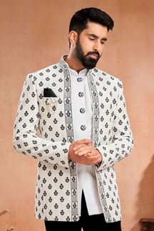 Picture of Classy Black and White Designer Jodhpuri Menswear Open Jacket for Engagement and Reception
