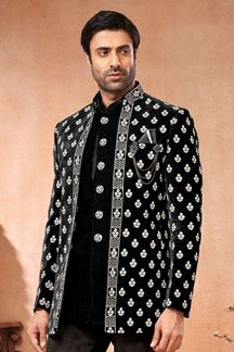 Picture of Majestic Black Designer Velvet Jodhpuri Menswear Jacket for Sangeet and Reception