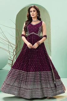 Picture of Astounding Wine Silk Designer Anarkali Suit for Engagement, Wedding, and Reception
