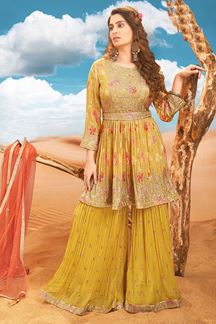 Picture of Spectacular Mustard Georgette Designer Salwar Suit for Engagement, Wedding, and Reception