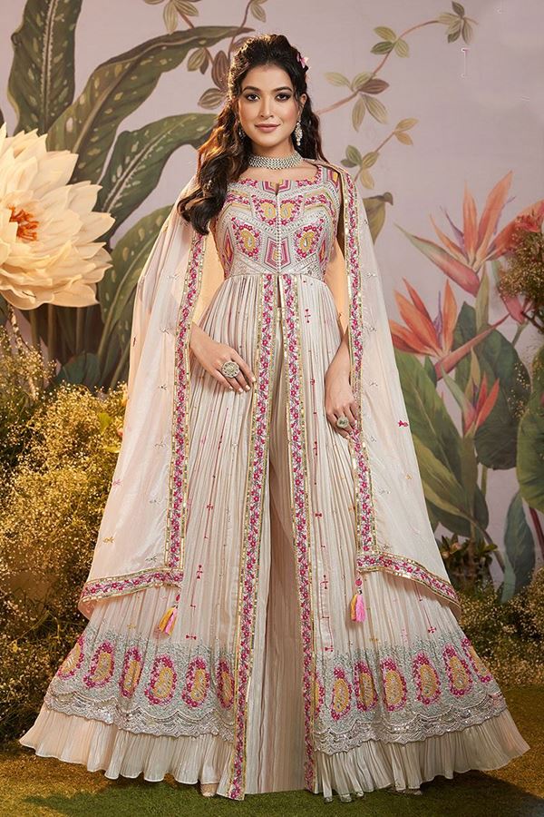 Picture of Smashing Cream Chinon Designer Salwar Suit for Engagement, Wedding, and Reception