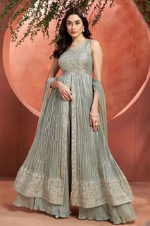 Picture of Captivating Grey Chinon Designer Salwar Suit for Engagement, Wedding, and Reception