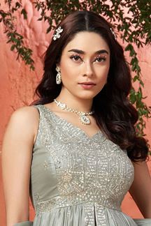 Picture of Captivating Grey Chinon Designer Salwar Suit for Engagement, Wedding, and Reception