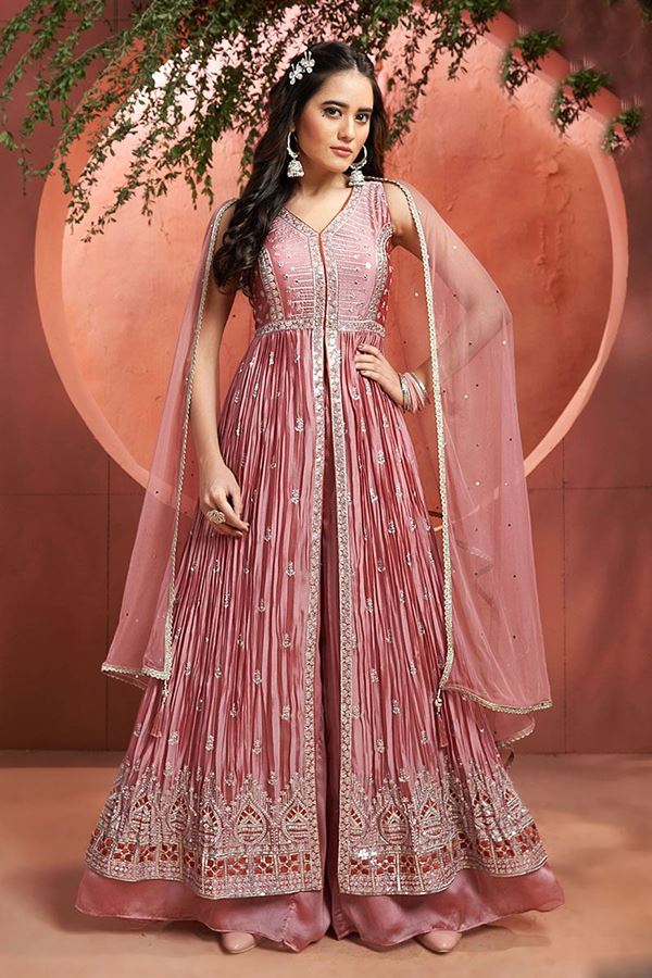 Picture of Flawless Pink Chinon Designer Salwar Suit for Engagement, Wedding, and Reception