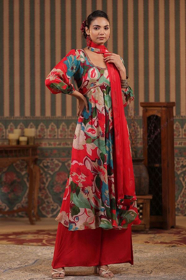 Picture of Lovely Floral Printed Red Designer Palazzo Suit for Party and Festivals
