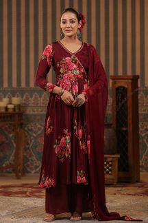 Picture of Artistic Maroon Floral Printed Designer Palazzo Suit for Party and Festivals