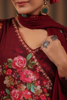 Picture of Artistic Maroon Floral Printed Designer Palazzo Suit for Party and Festivals