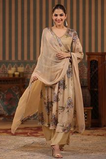 Picture of Magnificent Beige Floral Printed Designer Palazzo Suit for Party and Festivals