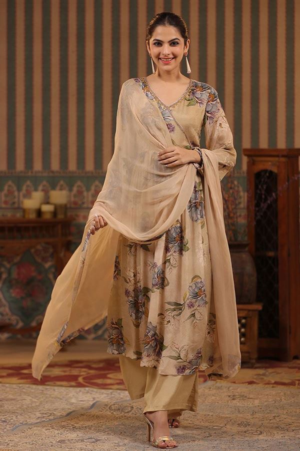 Picture of Magnificent Beige Floral Printed Designer Palazzo Suit for Party and Festivals