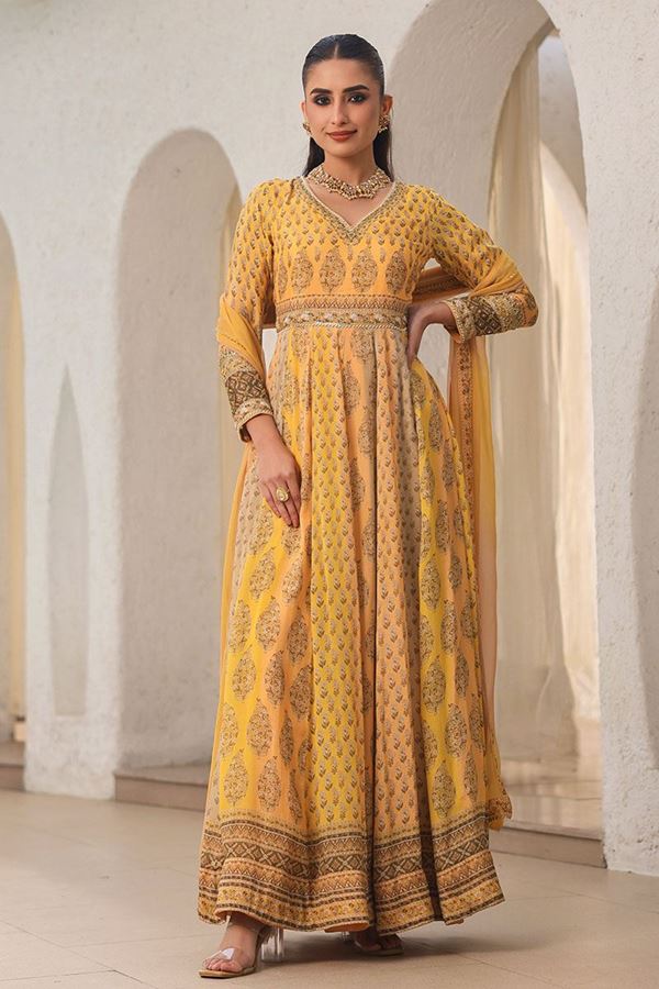 Picture of Stunning Mustard Yellow Printed  Designer Long Gown for Haldi and Mehendi