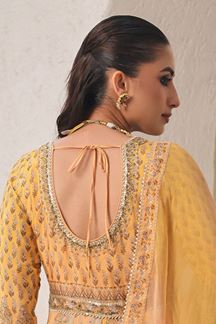 Picture of Stunning Mustard Yellow Printed  Designer Long Gown for Haldi and Mehendi