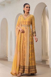 Picture of Stunning Mustard Yellow Printed  Designer Long Gown for Haldi and Mehendi