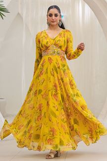 Picture of Heavenly Yellow Organza Floral Printed Designer Long Gown for Haldi and Mehendi
