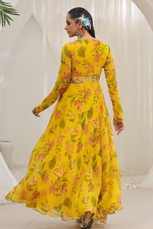 Picture of Heavenly Yellow Organza Floral Printed Designer Long Gown for Haldi and Mehendi