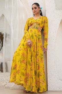 Picture of Heavenly Yellow Organza Floral Printed Designer Long Gown for Haldi and Mehendi