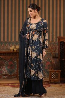 Picture of Impressive Navy Blue Floral Printed Designer Palazzo Suit for Party and Festivals