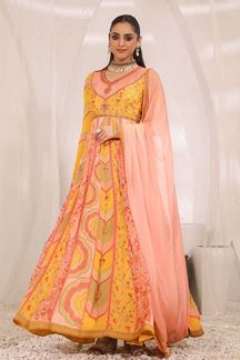 Picture of Impressive Designer Long Printed Gown for Haldi and Mehendi