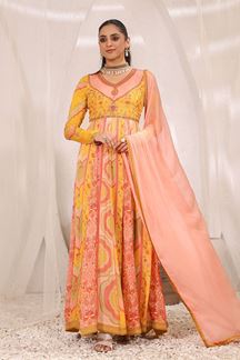 Picture of Impressive Designer Long Printed Gown for Haldi and Mehendi