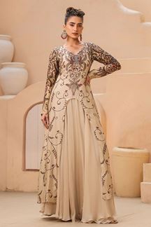Picture of Astounding Cream Designer Double Layered Long Printed Gown for Party and Festival