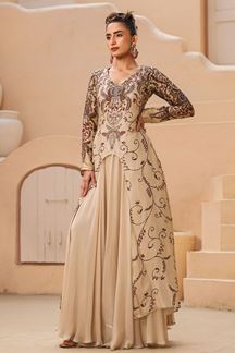 Picture of Astounding Cream Designer Double Layered Long Printed Gown for Party and Festival