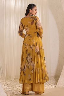 Picture of Glorious Yellow Organza Floral Printed Designer Gown for Haldi and Mehendi