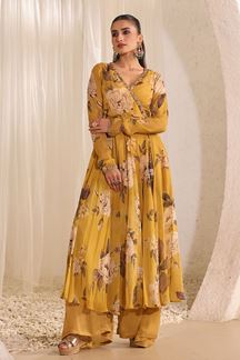 Picture of Glorious Yellow Organza Floral Printed Designer Gown for Haldi and Mehendi