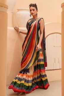 Picture of Gorgeous Striped Designer Pre-Draped Saree With Skirt for Party and Sangeet 