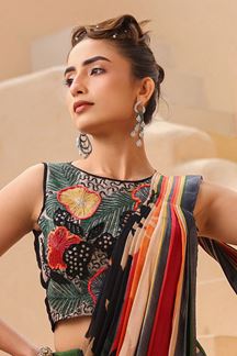 Picture of Gorgeous Striped Designer Pre-Draped Saree With Skirt for Party and Sangeet 