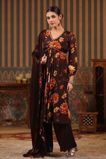 Picture of Pretty Brown Floral Printed Designer Palazzo Suit for Party and Festivals