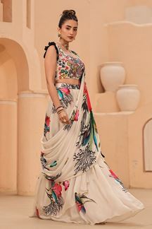 Picture of Pretty Printed Designer Ready to Wear Saree With Skirt for Party