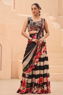 Picture of Surreal Black and White Printed Designer Pre-Draped Saree for Party