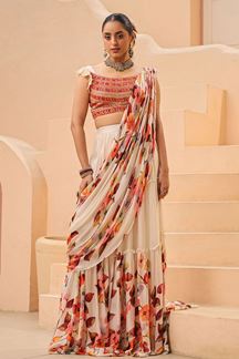 Picture of Classy Floral Printed  Designer Ready to Wear Saree for Haldi and Mehendi