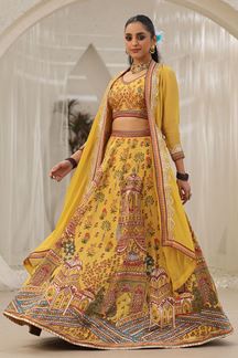 Picture of Marvelous Mustard Yellow Designer Indo-Western Lehenga Choli with Jacket for Haldi and Mehendi