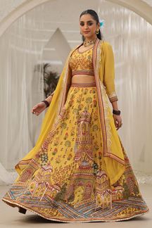 Picture of Marvelous Mustard Yellow Designer Indo-Western Lehenga Choli with Jacket for Haldi and Mehendi