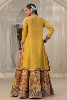 Picture of Marvelous Mustard Yellow Designer Indo-Western Lehenga Choli with Jacket for Haldi and Mehendi