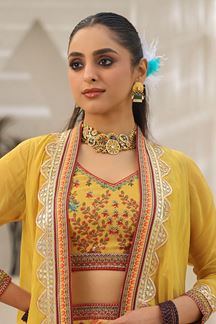 Picture of Marvelous Mustard Yellow Designer Indo-Western Lehenga Choli with Jacket for Haldi and Mehendi