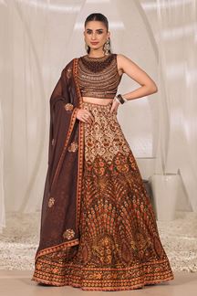 Picture of Lovely Coffee Brown Printed Designer Indo-Western Lehenga Choli for Engagement and Reception