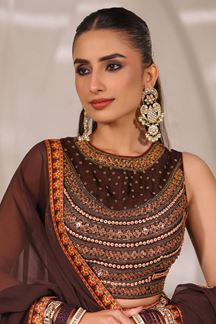 Picture of Lovely Coffee Brown Printed Designer Indo-Western Lehenga Choli for Engagement and Reception