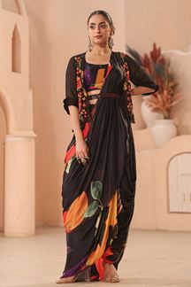 Picture of Dashing Black Printed Designer Ready to Wear Saree with Jacket And Skirt for Party and Sangeet