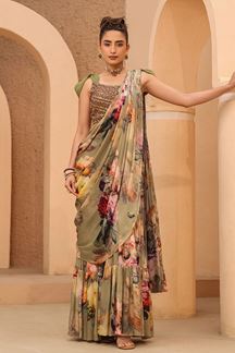 Picture of Stylish Floral Printed Designer Pre-Draped Saree for Haldi and Mehendi