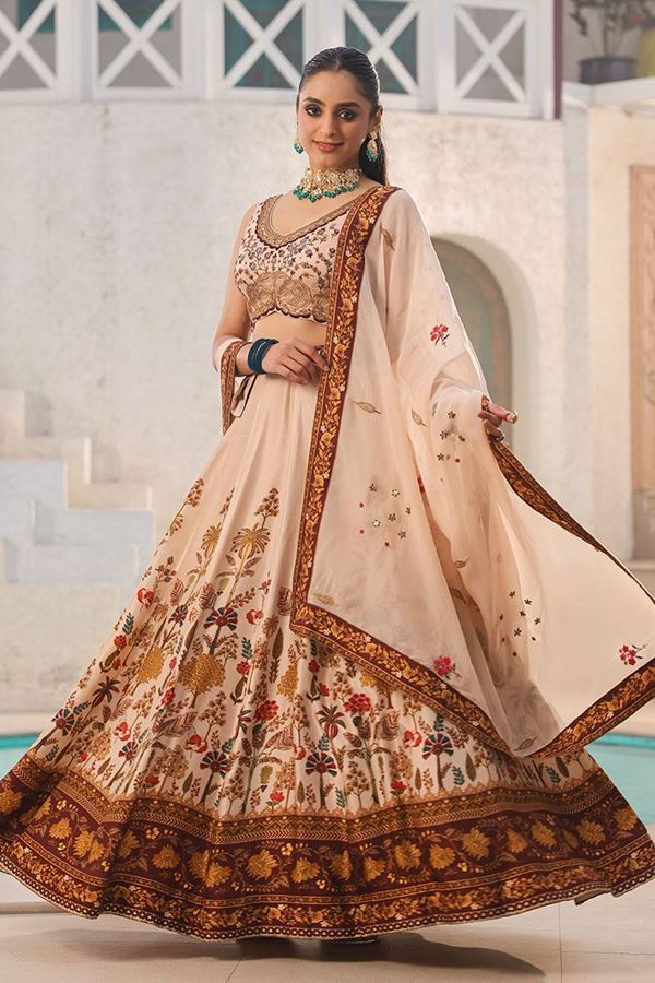 Picture of Exuberant Cream Traditional Printed Designer Indo-Western Lehenga Choli for Wedding and Haldi