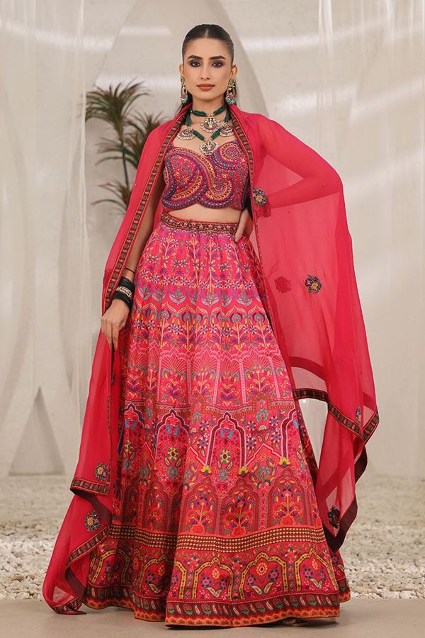 Picture of Charming Pink Printed Designer Indo-Western Lehenga Choli for Wedding and Sangeet