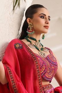 Picture of Charming Pink Printed Designer Indo-Western Lehenga Choli for Wedding and Sangeet