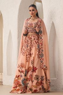 Picture of Glamorous Peach Floral Printed Designer Indo-Western Lehenga Choli for Wedding, Engagement and Reception