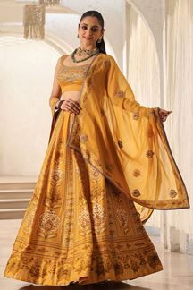 Picture of Exquisite Mustard Yellow Printed Designer Indo-Western Lehenga Choli for Haldi and Mehendi