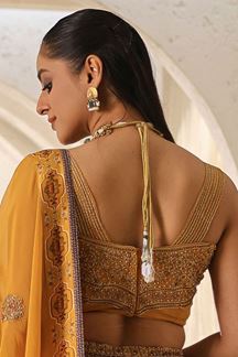 Picture of Exquisite Mustard Yellow Printed Designer Indo-Western Lehenga Choli for Haldi and Mehendi