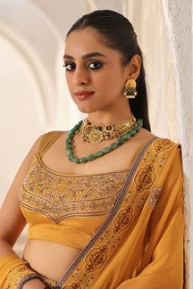 Picture of Exquisite Mustard Yellow Printed Designer Indo-Western Lehenga Choli for Haldi and Mehendi