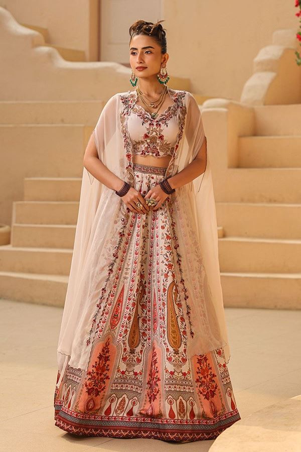 Picture of Attractive Off-White and Peach Printed Designer Indo-Western Lehenga Choli for Wedding, Engagement, and Reception