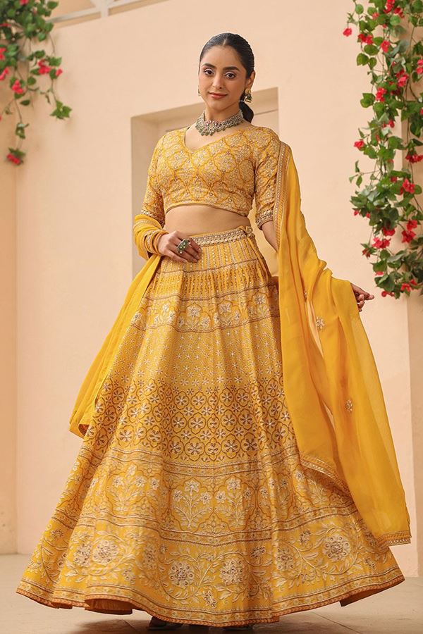 Picture of Beautiful Mustard Yellow Printed Designer Indo-Western Lehenga Choli for Haldi and Mehendi