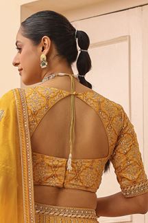 Picture of Beautiful Mustard Yellow Printed Designer Indo-Western Lehenga Choli for Haldi and Mehendi